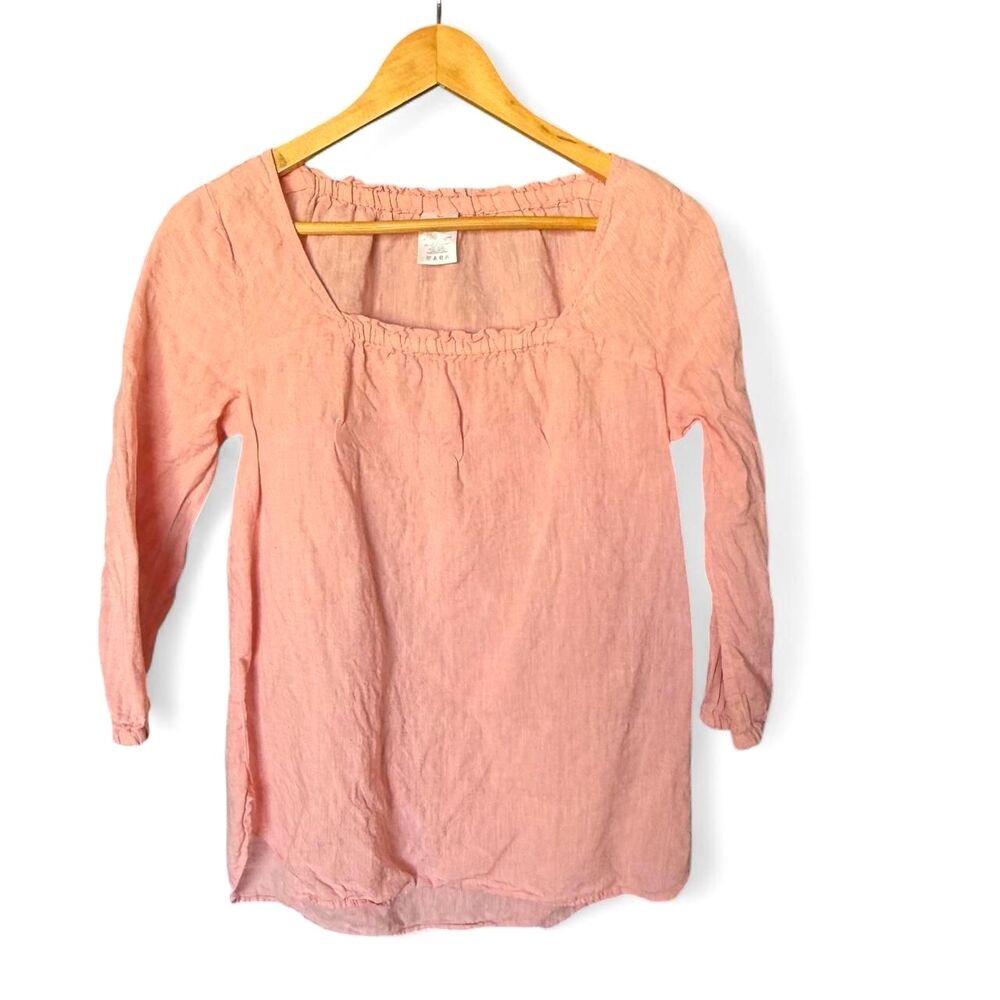 Lands' End Square Neck Linen Peasant Blouse Pink XS Petite